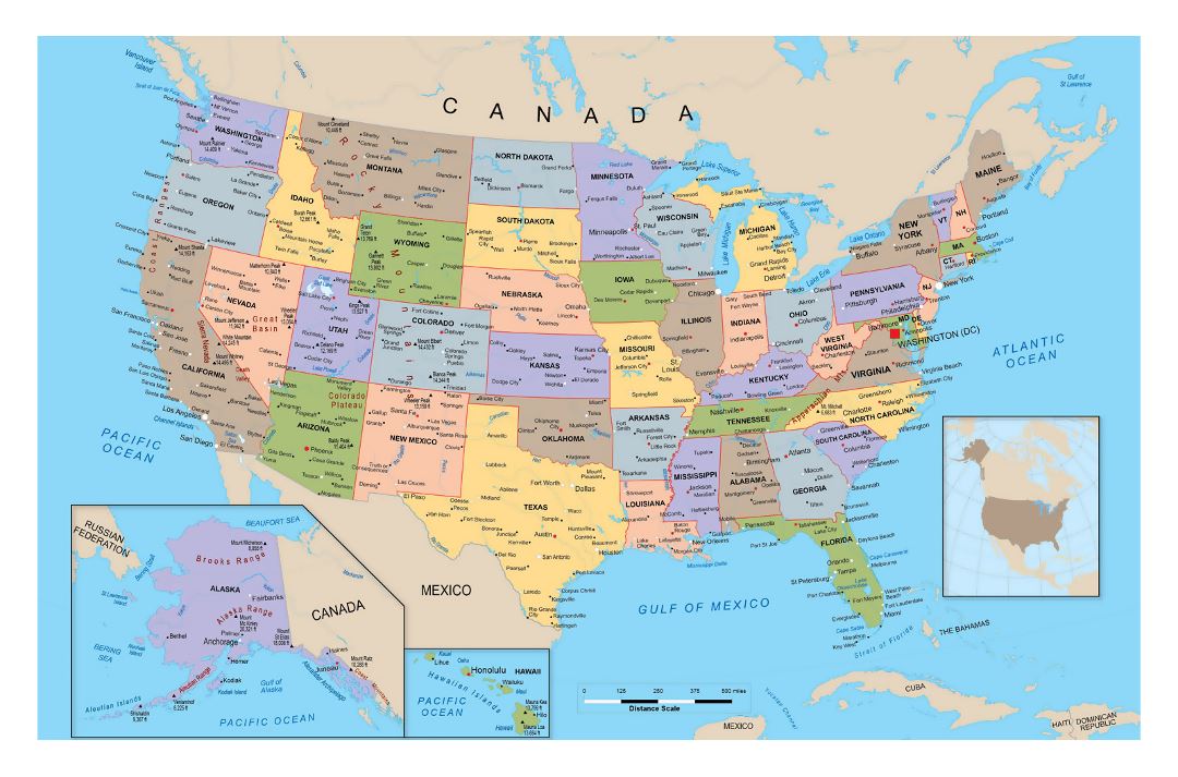 Большая политическая и административная карта Соединенных Штатов Америки